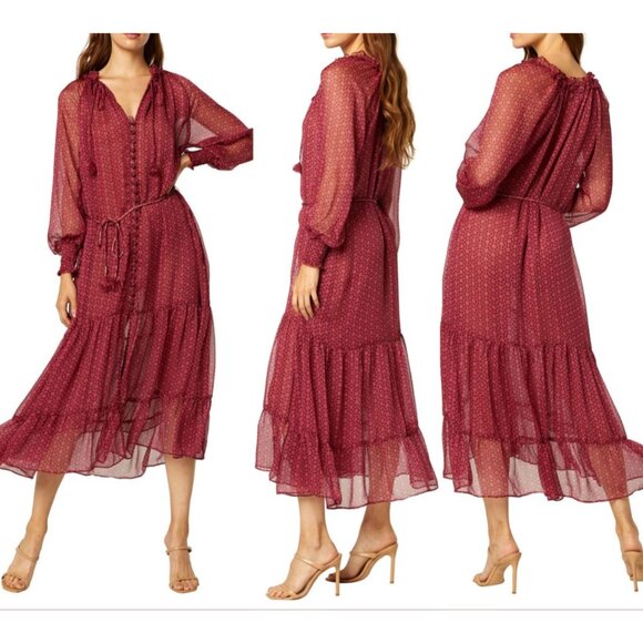 NWT Misa Los Angeles Louisa Dress XS Pink/Red Print Sheer Chiffon Midi - Picture 12 of 15